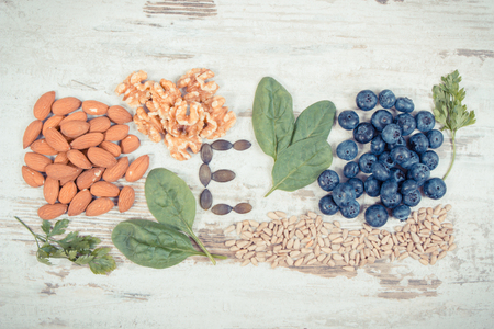 Vintage photo, Natural ingredients or products as source vitamin E, minerals and dietary fiber, healthy nutrition conceptの写真素材