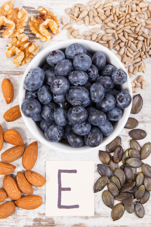 Ingredients containing vitamin E, natural minerals and dietary fiber, healthy nutrition conceptの写真素材