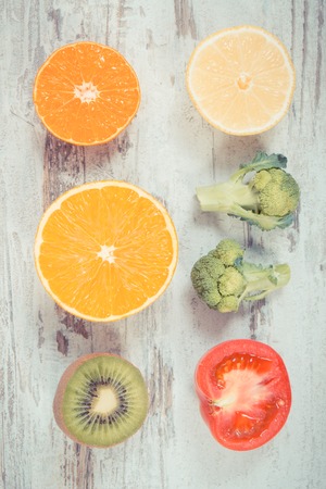 Fresh fruits and vegetables as sources vitamin C, natural minerals and dietary fiber, healthy food and strengthening immunity conceptの写真素材