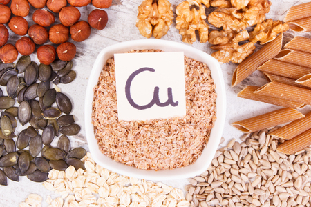 Natural ingredients or products as source copper, minerals and dietary fiber, healthy nutrition conceptの写真素材