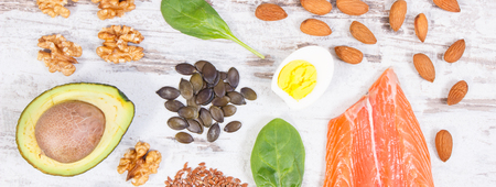 Ingredients containing omega 3 acids, unsaturated fats and dietary fiber, healthy nutrition, lifestyle and acid diet conceptの写真素材