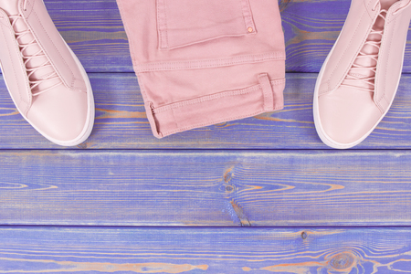 Womanly clothing and accessories, copy space for text or insription on old boardsの写真素材