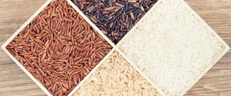 Vintage photo, White, brown, black and red rice, concept of healthy, gluten free nutritionの写真素材