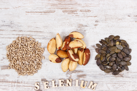 Natural products and ingredients containing selenium, dietary fiber and minerals, concept of healthy nutritionの写真素材