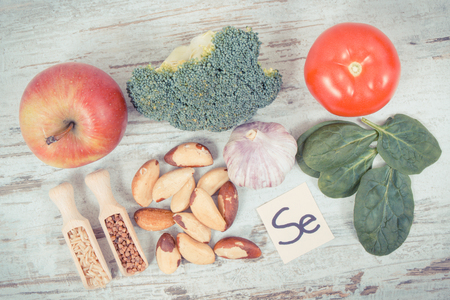 Vintage photo, Natural ingredients or products as source selenium, vitamins, minerals and dietary fiber, concept of healthy nutritionの写真素材
