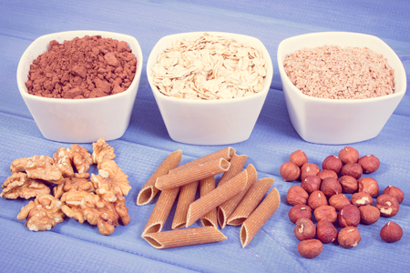 Vintage photo, Natural ingredients or products as source copper, minerals and dietary fiber, healthy nutrition conceptの写真素材