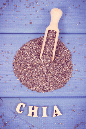 Vintage photo, Chia seeds as source natural vitamins, minerals and dietary fiber, concept of healthy food and nutritionの写真素材
