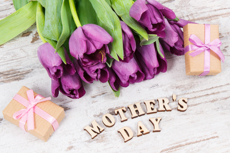 Bouquet of fresh purple tulips and wrapped gifts for mother's day on white boardsの写真素材