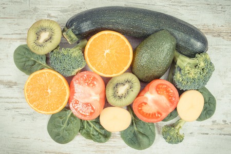 Fresh fruits and vegetables containing vitamin K, dietary fiber and minerals, concept of healthy nutritionの写真素材