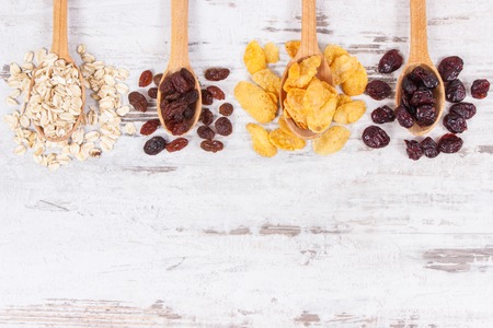 Products or ingredients as source carbohydrates, dietary fiber, vitamins and minerals, concept of healthy and nutritious eating, copy space for textの写真素材