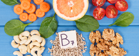 Nutritious different ingredients containing vitamin B7, dietary fiber and natural minerals, healthy nutrition conceptの写真素材