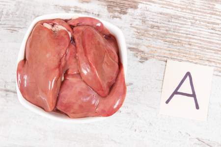 Nutritious chicken liver in bowl, healthy nutrition as source minerals and vitamin Aの写真素材