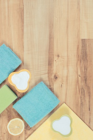 Domestic accessories and natural detergents for cleaning different surfaces and rooms at home, concept of household duties, place for inscriptionsの写真素材