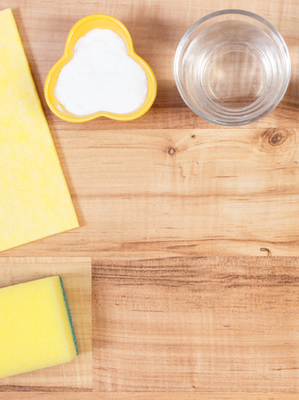 Domestic accessories and natural, nontoxic detergents for cleaning different surfaces, concept of household duties, copy space for text or inscriptionsの写真素材