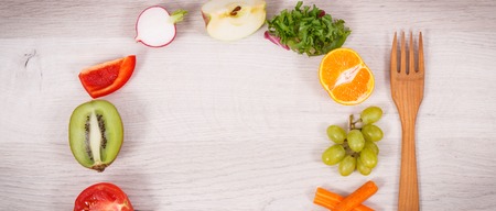 Fresh healthy nutritious fruits and vegetables as source vitamins, dietary fiber and natural...