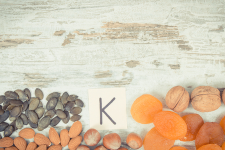 Vintage photo, Fresh fruits and vegetables containing vitamin K, dietary fiber and minerals, concept of healthy nutrition, copy space for textの写真素材