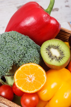 Fresh ripe fruits and vegetables as source natural minerals and vitamins. Diet, slimming and healthy nutrition conceptの写真素材