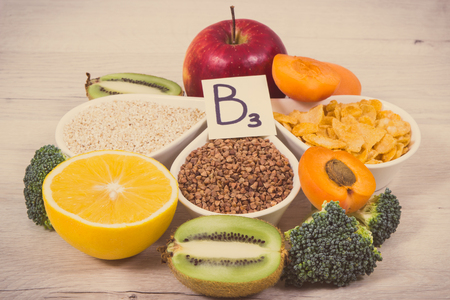 Vintage photo, Nutritious different products and ingredients containing vitamin B3, dietary fiber and natural minerals, concept of healthy lifestyle and nutritionの写真素材