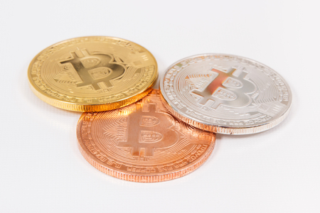 Bitcoin, cryptocurrency coins on white background, concept of modern finance and bankingの写真素材