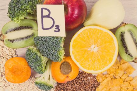 Nutritious different products and ingredients containing vitamin B3, dietary fiber and natural minerals, concept of healthy lifestyle and nutritionの写真素材