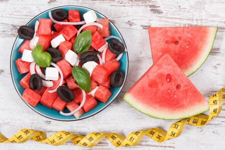 Fresh salad of watermelon and feta cheese as source healthy natural mineralsの写真素材