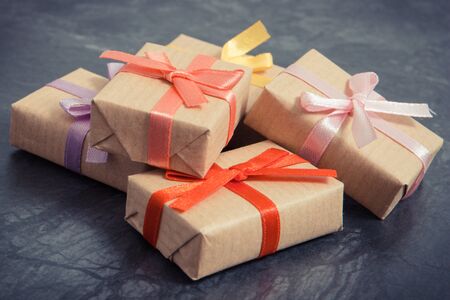 Wrapped gifts with ribbons for Christmas, Valentine, birthday or other celebration