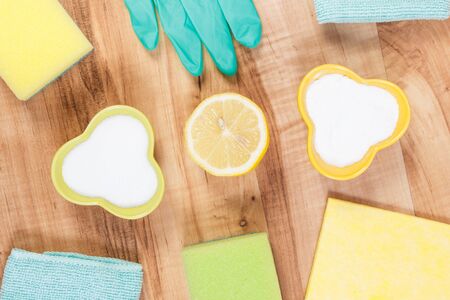 Domestic accessories and detergents for cleaning different surfaces at home, concept of household dutiesの写真素材