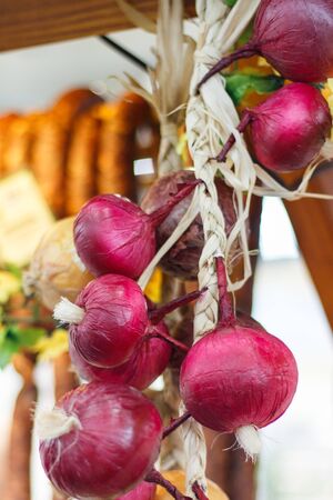 Fresh aromatic red onions. Healthy ingredients and spices for cookingの写真素材