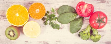 Vintage photo, Fruits and vegetables as sources of minerals containing vitamin C, dietary fiber and minerals, healthy nutrition and strengthening immunity conceptの写真素材