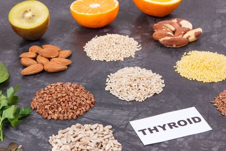 Products and ingredients as best nutritious food for healthy thyroid. Natural eating containing vitamins and mineralsの写真素材