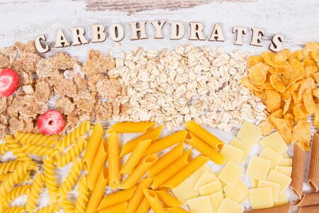 Natural ingredients and products as source carbohydrates, vitamins, minerals and dietary fiber, healthy nutrition conceptの写真素材