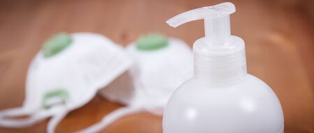 Alcohol disinfectant and protective mask N95. Coronavirus covid-19 protection measures. Novel Chinese coronavirus outbreak. 2019-nCoV. Sars-CoV-2の写真素材