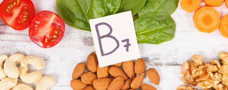 Healthy products and ingredients as source vitamin B7, dietary fiber and natural minerals, concept of nutritious eatingの写真素材