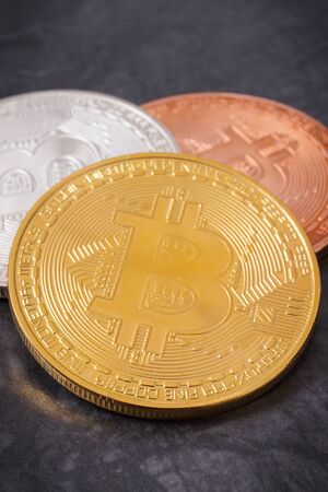 Bitcoins as symbol of new electronic virtual money and mining cryptocurrencyの写真素材