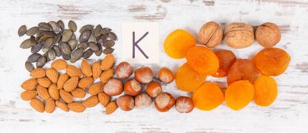 Natural ingredients or products as source potassium, vitamin K, minerals and dietary fiber, healthy nutrition conceptの写真素材