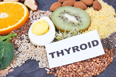 Fresh nutritious ingredients, fruits and vegetables for healthy thyroid. Food as source natural vitamins and mineralsの写真素材