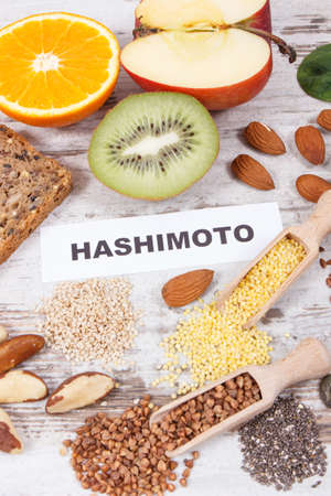Nutritious healthy ingredients or products with inscription hashimoto. Problems with thyroid conceptの写真素材