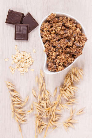 Granola, oat flakes and chocolate as source iron and fiber, healthy snack or dessert concept