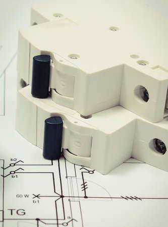 Electric fuse on electrical construction drawing of house. Accessories and work tools for...