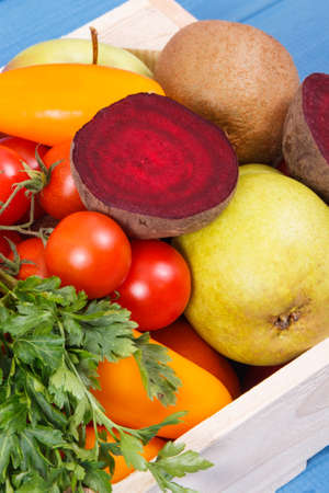 Fresh ripe fruits with vegetables as healthy nutritious snack or dessert containing natural vitaminsの写真素材