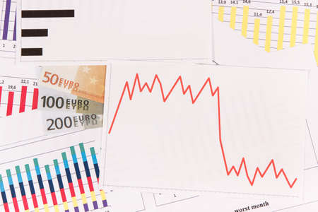 Currencies euro and downward graphs representing financial crisis caused by Covid-19. Risk of global...