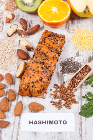 Best nutritious food for healthy thyroid. Natural eating containing vitamins and mineralsの写真素材
