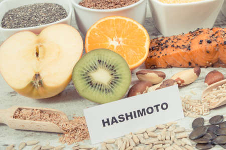 Best nutritious food for healthy thyroid. Natural eating containing vitamins and mineralsの写真素材