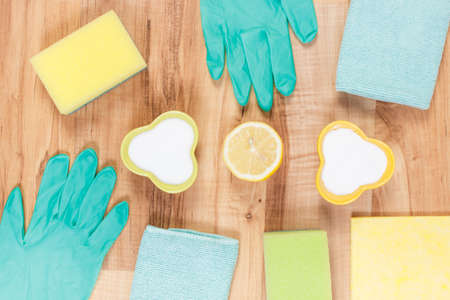 Accessories and natural detergents for cleaning different surfaces and rooms at home, concept of household dutiesの写真素材