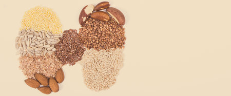 Thyroid shape made of natural ingredients. Best food for healthy thyroid containing vitamins and...