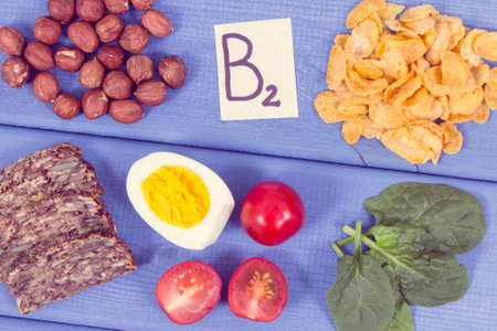 Nutritious ingredients containing vitamin B2, dietary fiber and minerals, healthy nutrition concept