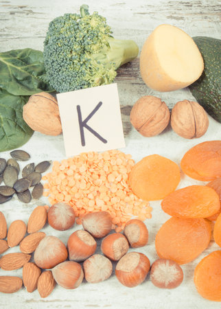 Vintage photo, Natural ingredients or products as source potassium, vitamin K, minerals and dietary fiber, healthy nutrition conceptの写真素材