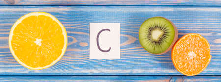 Fresh fruits as sources vitamin C, minerals and dietary fiber, concept of healthy food and strengthening immunityの写真素材