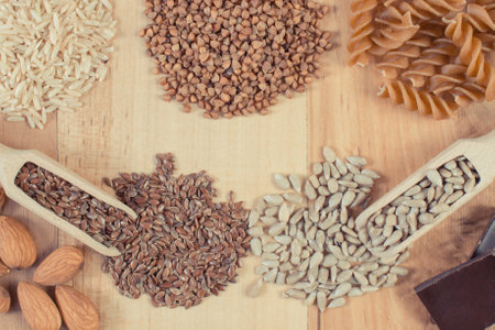 Healthy natural food containing magnesium, other vitamins, minerals and dietary fiberの写真素材