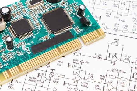 Printed circuit board with transistors, resistors, capacitor. Diagram of electronics. Technology